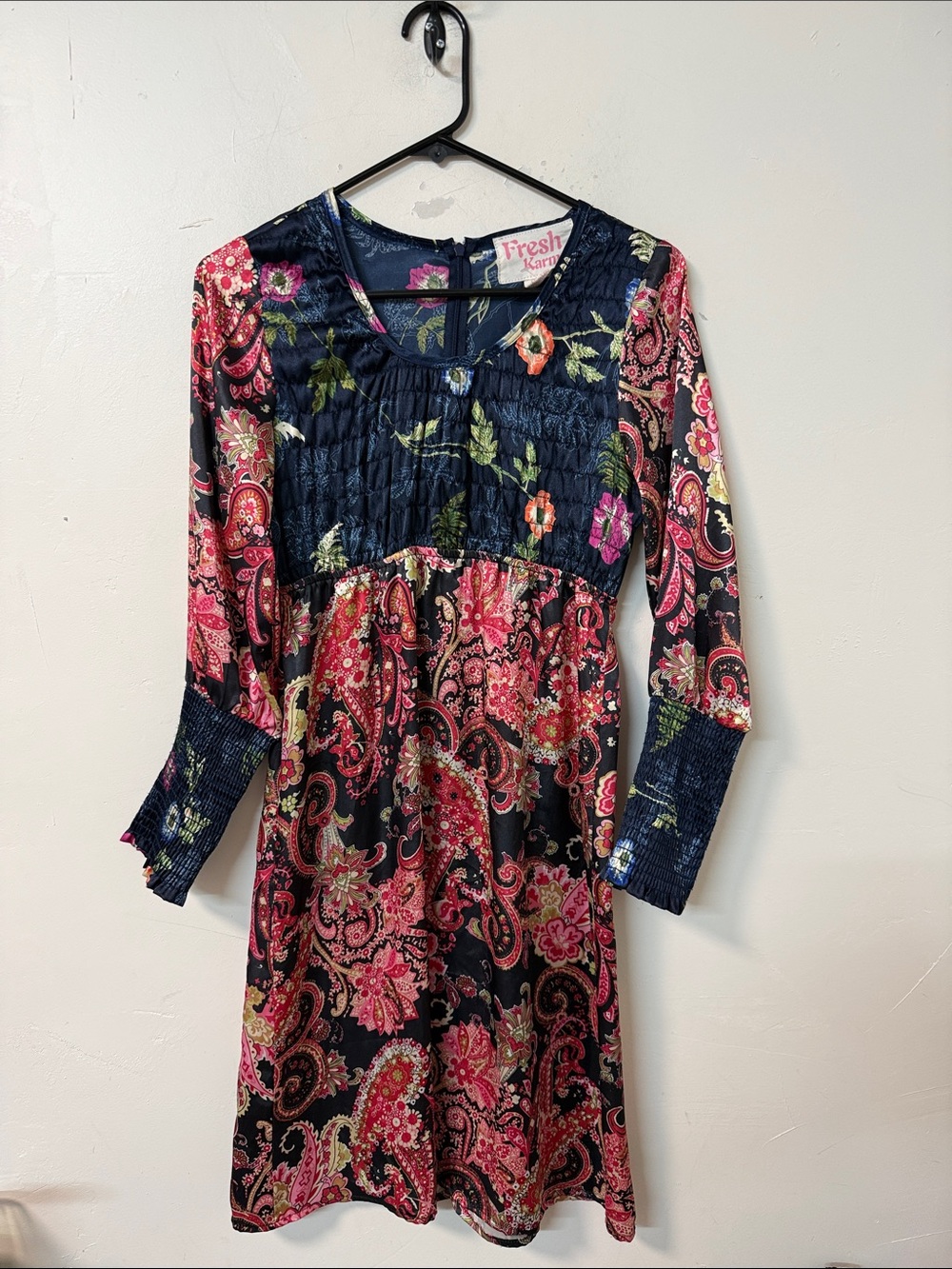 Freshkarma Navy and Pink Paisley Long-Sleeve Midi Dress
